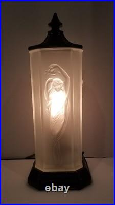 Art Deco Period Nude Woman Frosted Torchiere Lamp by Tiffin Glass circa 1920s