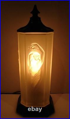 Art Deco Period Nude Woman Frosted Torchiere Lamp by Tiffin Glass circa 1920s