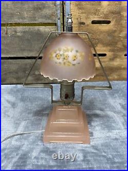 Art Deco Pink Frosted Boudoir Lamp With Shade