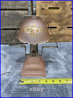 Art Deco Pink Frosted Boudoir Lamp With Shade