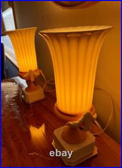 Art Deco Pink and White China Mantel Lamp -Angel Wing Design. Work Great! Rare