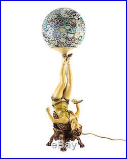 Art Deco Polychrome Figural Burlesque Dancer Lamp with Millefiori Shade
