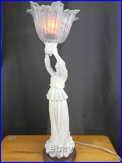 Art Deco Resin Lady Woman Holding Glass Frosted Flame Shade Accent table Lamp