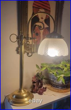 Art Deco Revival 1980s Vintage Gold Gooseneck Lamp with Glass Shade Table Lamp