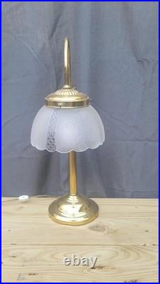 Art Deco Revival 1980s Vintage Gold Gooseneck Lamp with Glass Shade Table Lamp