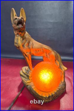 Art Deco Rin Tin Tin German Shepherd Dog Lamp AMBER BRAIN LAMP GLOBE SHADE BALL