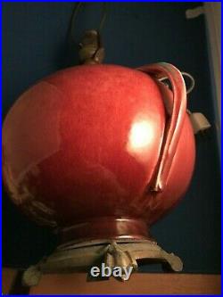 Art Deco Roseville Pottery Orian Spherical Lamp #274-6 Berry Turquoise Handles