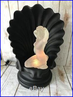 Art Deco Rotating Lucite Nude Mermaid Color changing Black Seashell Lamp VTG