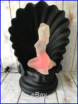 Art Deco Rotating Lucite Nude Mermaid Color changing Black Seashell Lamp VTG