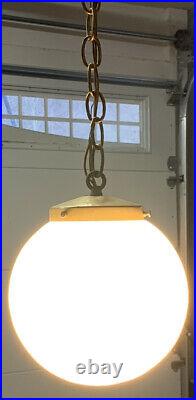 Art Deco Satin Milk Glass Shade Ceiling Light Fixture Lamp, Brass Globe