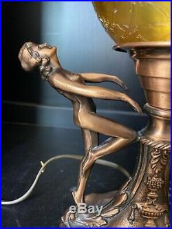 Art Deco Spelter Dancing Ladies Figural Lamp Crackle Glass Shade WRJ And WGF Co