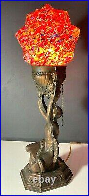 Art Deco Spelter Flapper Table Lamp in Bronze Finish with End of Day Glass Shade