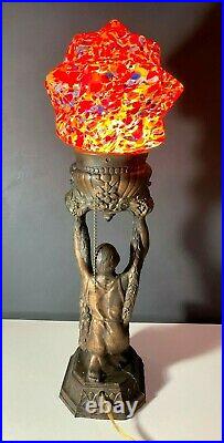 Art Deco Spelter Flapper Table Lamp in Bronze Finish with End of Day Glass Shade