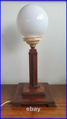 Art Deco Stepped Wooden Lamp Base with Glass Shade