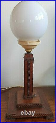 Art Deco Stepped Wooden Lamp Base with Glass Shade