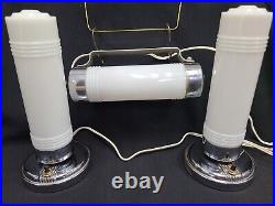 Art Deco Streamline Machine Age Milk Glass Boudoir Table Lamp Pair W Headboard