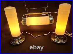 Art Deco Streamline Machine Age Milk Glass Boudoir Table Lamp Pair W Headboard