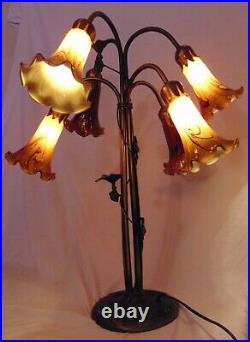 Art Deco Style Glass Amber Tulip Lamp Bird Dragonfly Base