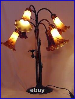 Art Deco Style Glass Amber Tulip Lamp Bird Dragonfly Base