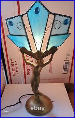 Art Deco Style L&L WMC Nude Lady w Wings Metal Glass Fan Lamp Retro Blue VINTAGE