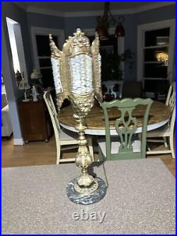 Art Deco Style Mid Century Marble Brass And Crystal Parlor Lamp