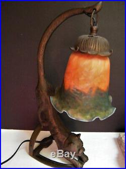 Art Deco Table Lamp Bronze Stretching Kitty Cat 15 Amber Sculptural Flare Glass
