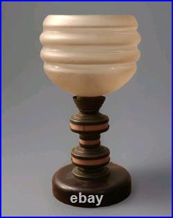 Art Deco Table Lamp / Night Light, Wood, Brass And Pink Galalite In Its Juice