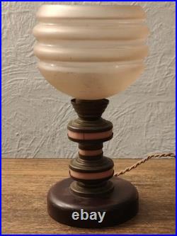 Art Deco Table Lamp / Night Light, Wood, Brass And Pink Galalite In Its Juice