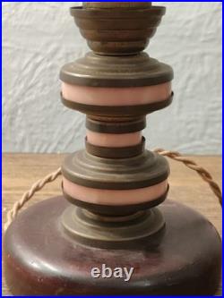 Art Deco Table Lamp / Night Light, Wood, Brass And Pink Galalite In Its Juice