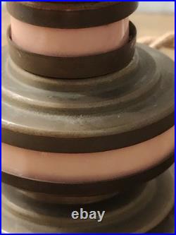 Art Deco Table Lamp / Night Light, Wood, Brass And Pink Galalite In Its Juice