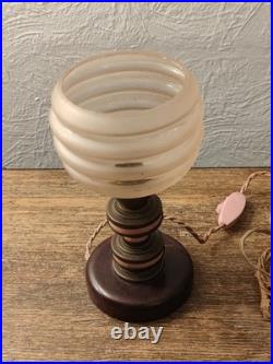 Art Deco Table Lamp / Night Light, Wood, Brass And Pink Galalite In Its Juice