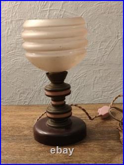 Art Deco Table Lamp / Night Light, Wood, Brass And Pink Galalite In Its Juice