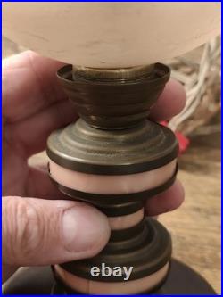 Art Deco Table Lamp / Night Light, Wood, Brass And Pink Galalite In Its Juice