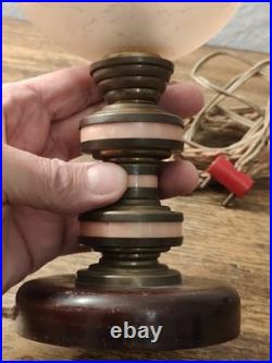 Art Deco Table Lamp / Night Light, Wood, Brass And Pink Galalite In Its Juice