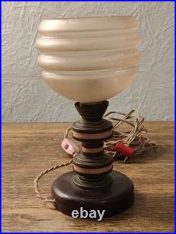 Art Deco Table Lamp / Night Light, Wood, Brass And Pink Galalite In Its Juice