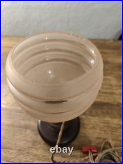 Art Deco Table Lamp / Night Light, Wood, Brass And Pink Galalite In Its Juice