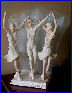 Art Deco Table Lamp Three Dancers with a glass Peacock Feather Frosted diffuser