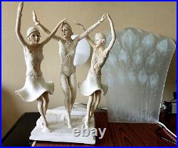 Art Deco Table Lamp Three Dancers with a glass Peacock Feather Frosted diffuser