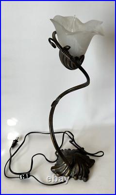 Art Deco Tabletop Desk Lamp Glass Shade Antique Bronze Tone Base Stem Electric