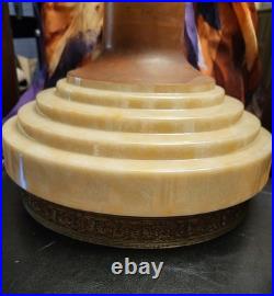 Art Deco Tiered Glass Torch Floor Fixture Antique Brass Trim Beige Brown Gold
