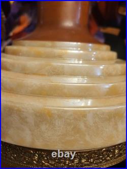 Art Deco Tiered Glass Torch Floor Fixture Antique Brass Trim Beige Brown Gold