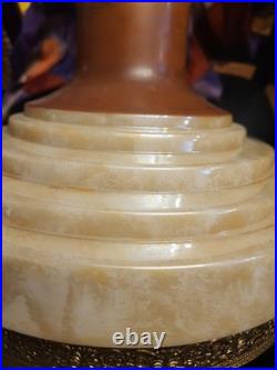 Art Deco Tiered Glass Torch Floor Fixture Antique Brass Trim Beige Brown Gold