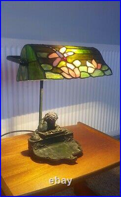 Art Deco Tiffany Style Bankers Table Lamp Dragonfly Shade Stained Glass Bronze