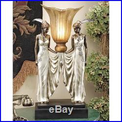Art Deco Torchiere Twin Maidens Feathered Headdresses Gallery Desk Table Lamp