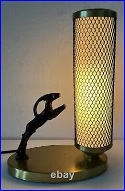 Art Deco Tv Lamp Leaping Gazelle With Mesh Cylinder Lamp All Original Working