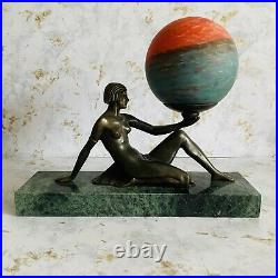 Art Deco Vintage Nude Lady Spelter Statue Lamp French Pate de Verre Globe Shade