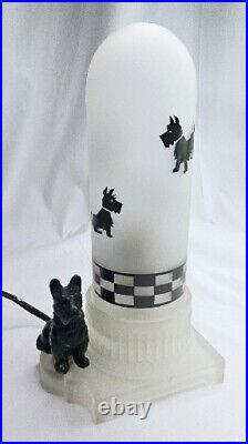 Art Deco Vtg Satin Lamp With Scottish Terrier DOG Frosted Bullet Shade Scotty MCM