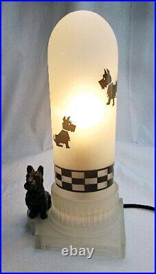 Art Deco Vtg Satin Lamp With Scottish Terrier DOG Frosted Bullet Shade Scotty MCM