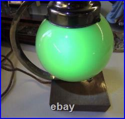 Art Deco Wood Base Chrome-Plated Table Lamp withGreen Glass Shade