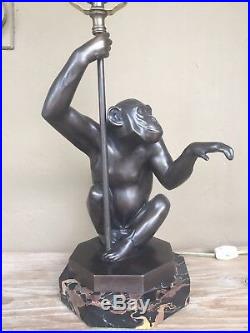 Art Deco bronze seated Monkey Lamp. Max Le Verrier artist signed